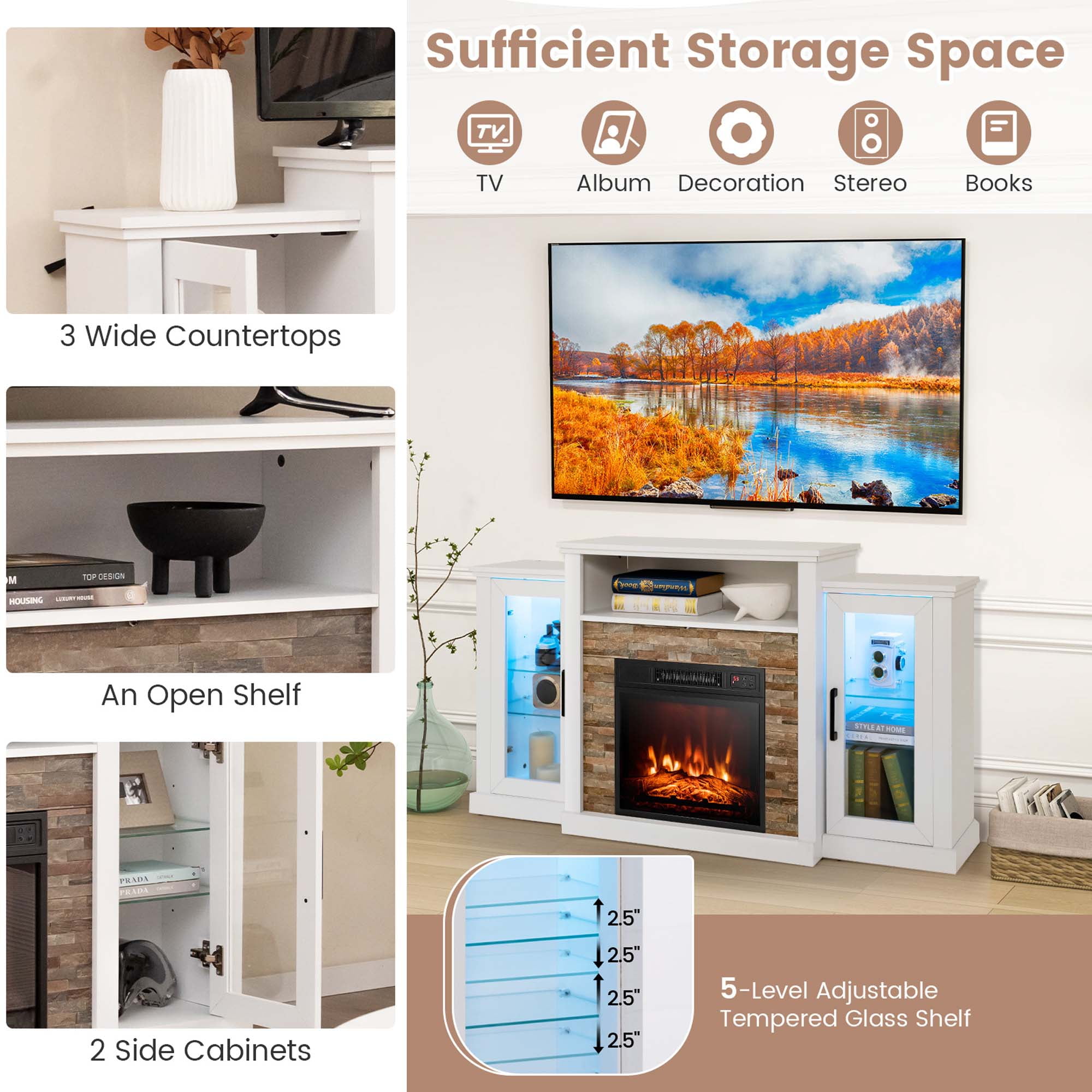Costway Fireplace TV Stand with Led Lights & 18'' Electric Fireplace For 65" Wall-Mounted TV White