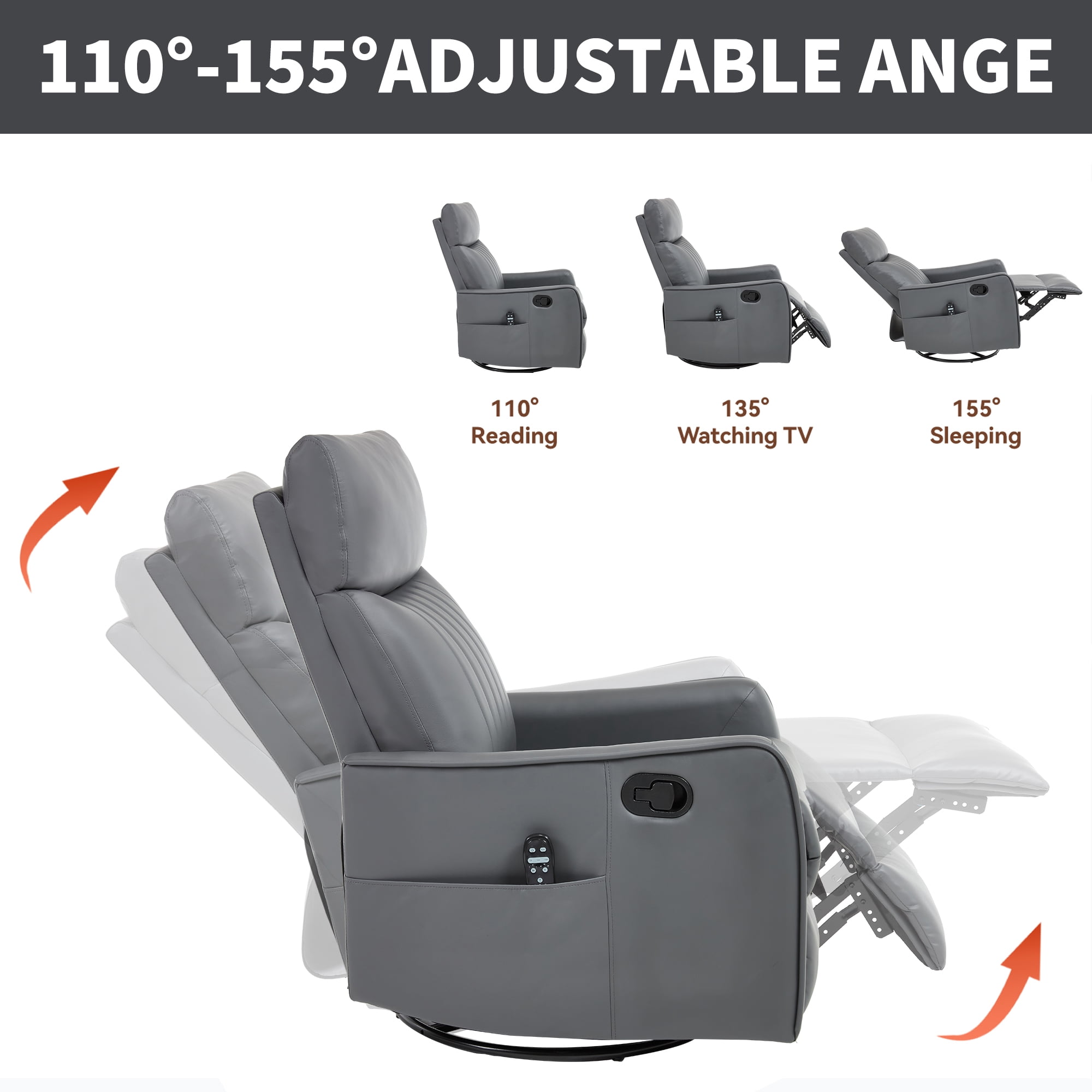 Leumius Manual Swivel Rocker Recliner Chair for Adults,Overstuffed Reclining Glider Chair with Vibration Massage & Heat,Upholstered Recliners with Side Pockets for Living Room,Grayish Green PU