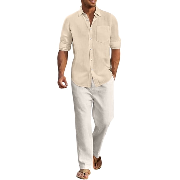 Glisme Mens 2 Piece Sets Summer Outfits Linen Long Sleeve Shirt And Pants Casual Breathable Lightweight Resort Yoga Loungewear Outfit Fashion Clothing Set Khaki