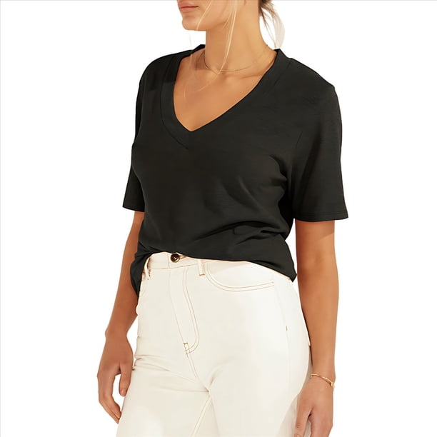 Camisetas de Mujer con Cuello en V, Corta, Informales, Holgadas, de Verano Negro L