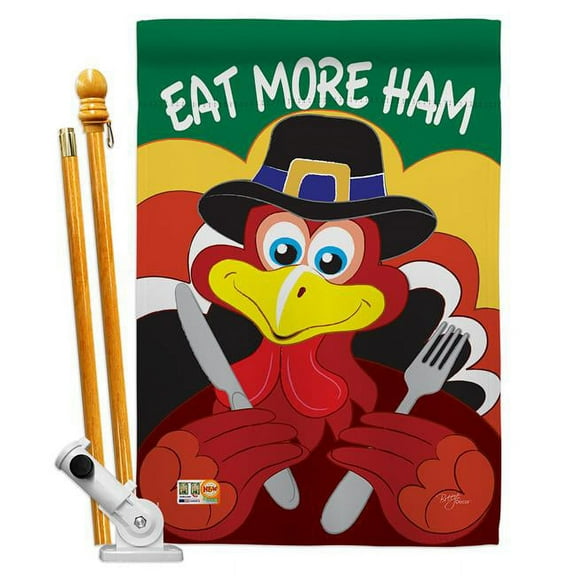 Breeze Decor BD-TG-HS-113034-IP-BO-D-US09-BD 28 x 40 in. Eat More Ham Fall Thanksgiving Impressions Decorative Vertical Double Sided House Flag Set with Pole Bracket Hardware