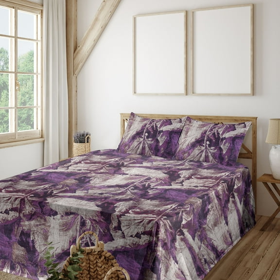Ambesonne Weathered Leaves Fitted & Flat Sheet with Shams 4 Pcs Set, Grunge Boho Forest, King, Violet Pale Tan Plum
