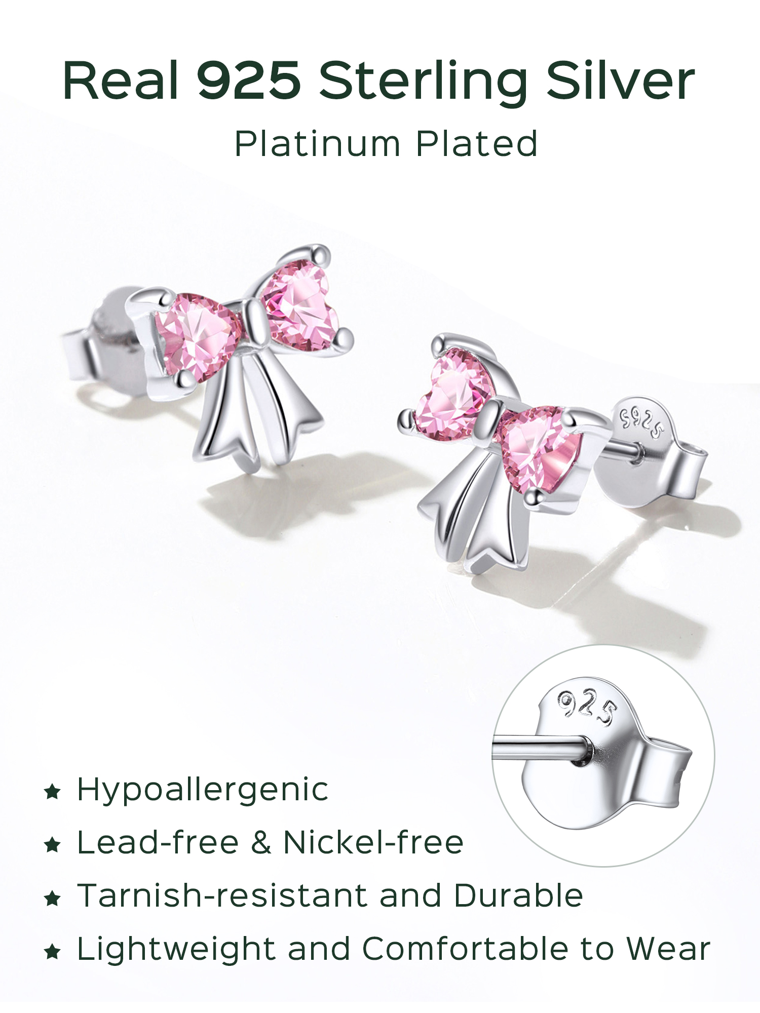ChicSilver 925 Sterling Silver Stud Earrings Hypoallergenic Created Tourmaline Stud Earring Pink Bow Earring October Birthstone Earrings for Women