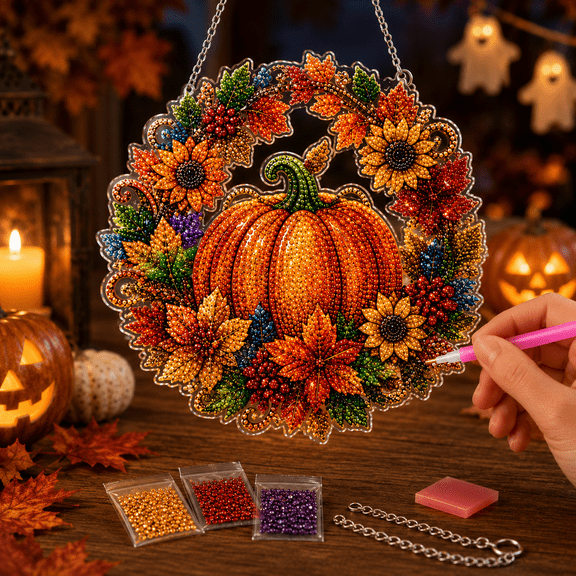 Halloween Pumpkin Diamond Art Suncatcher Kit, 10 Inch 5D DIY Rhinestone Craft Acrylic Hanging Ornament for Window Wall Fall Home Party Decor