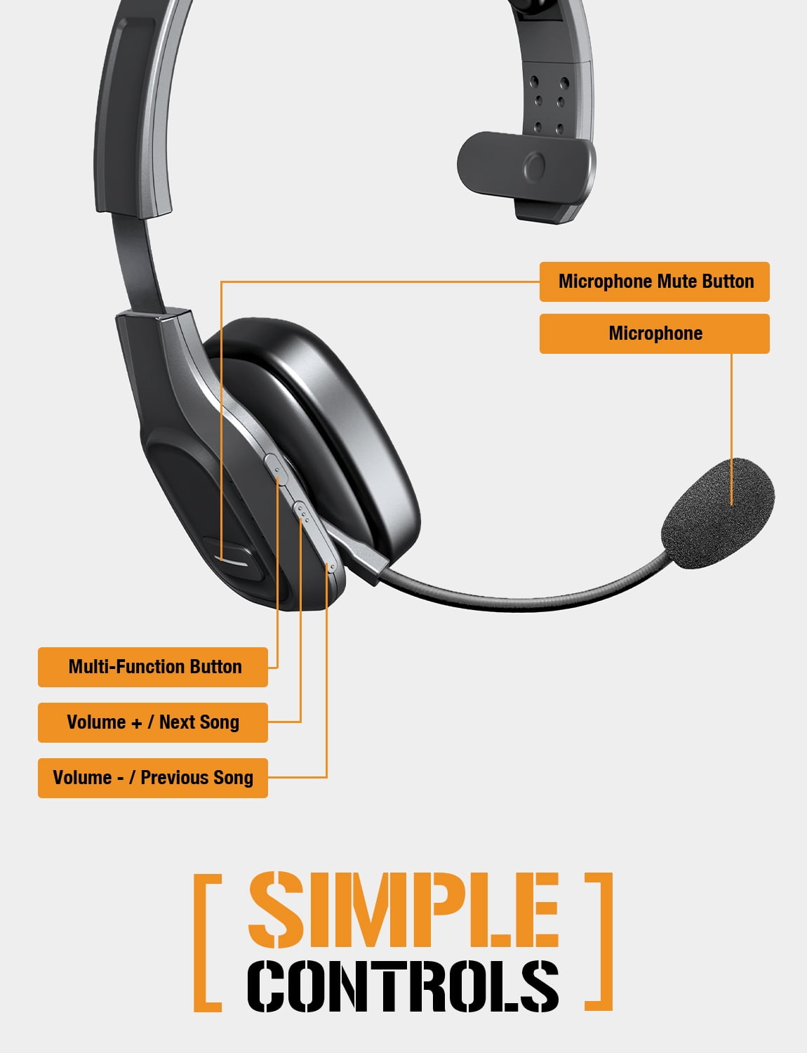 ToughTested PROCOMM 724 Wireless Bluetooth Headset with Microphone, Noise-Reducing Mic, HD Audio, Lightweight Design, Up to 45 Hours Talk Time, 5-Year Warranty