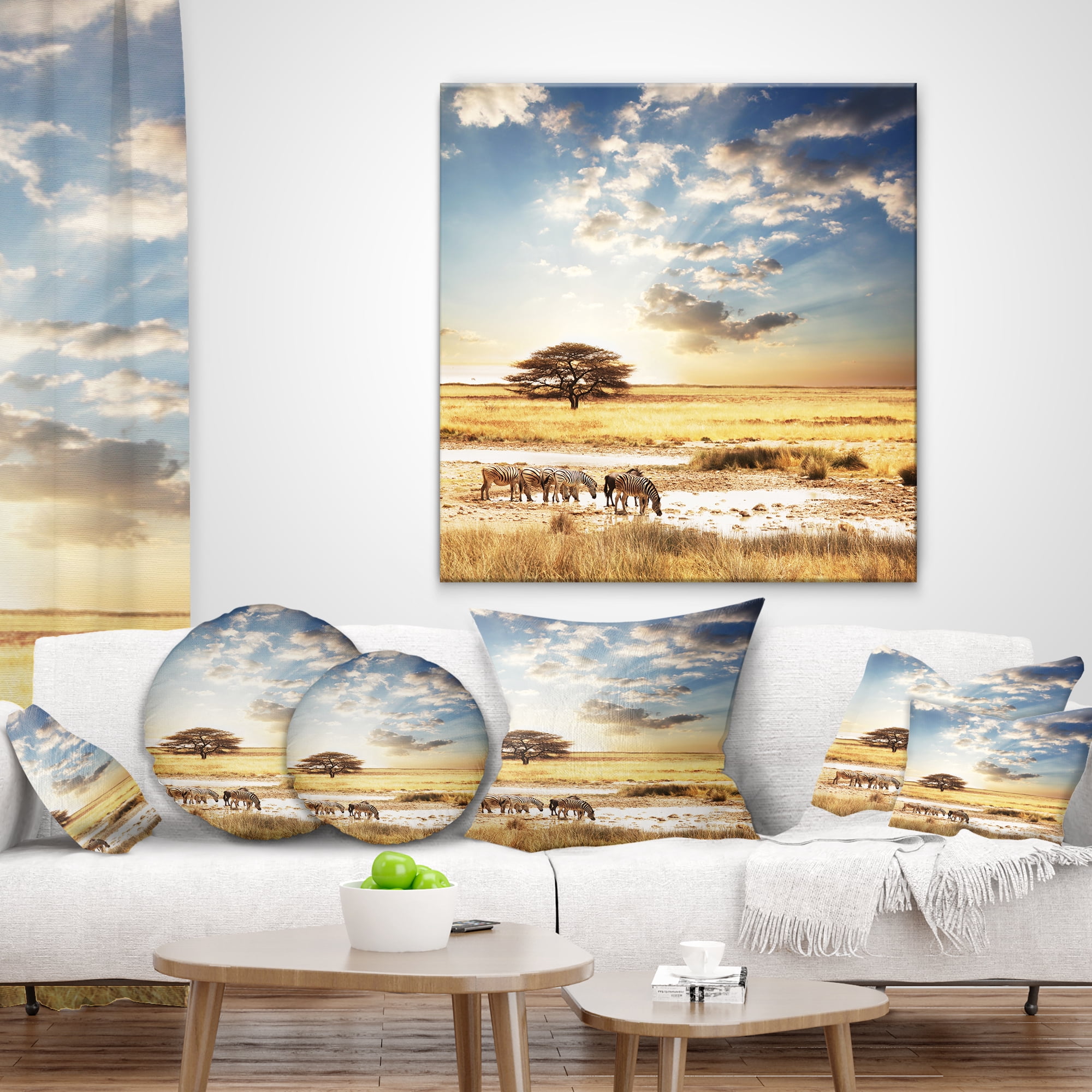 Designart African Zebras Drinking Water - African Throw Pillow - 12x20