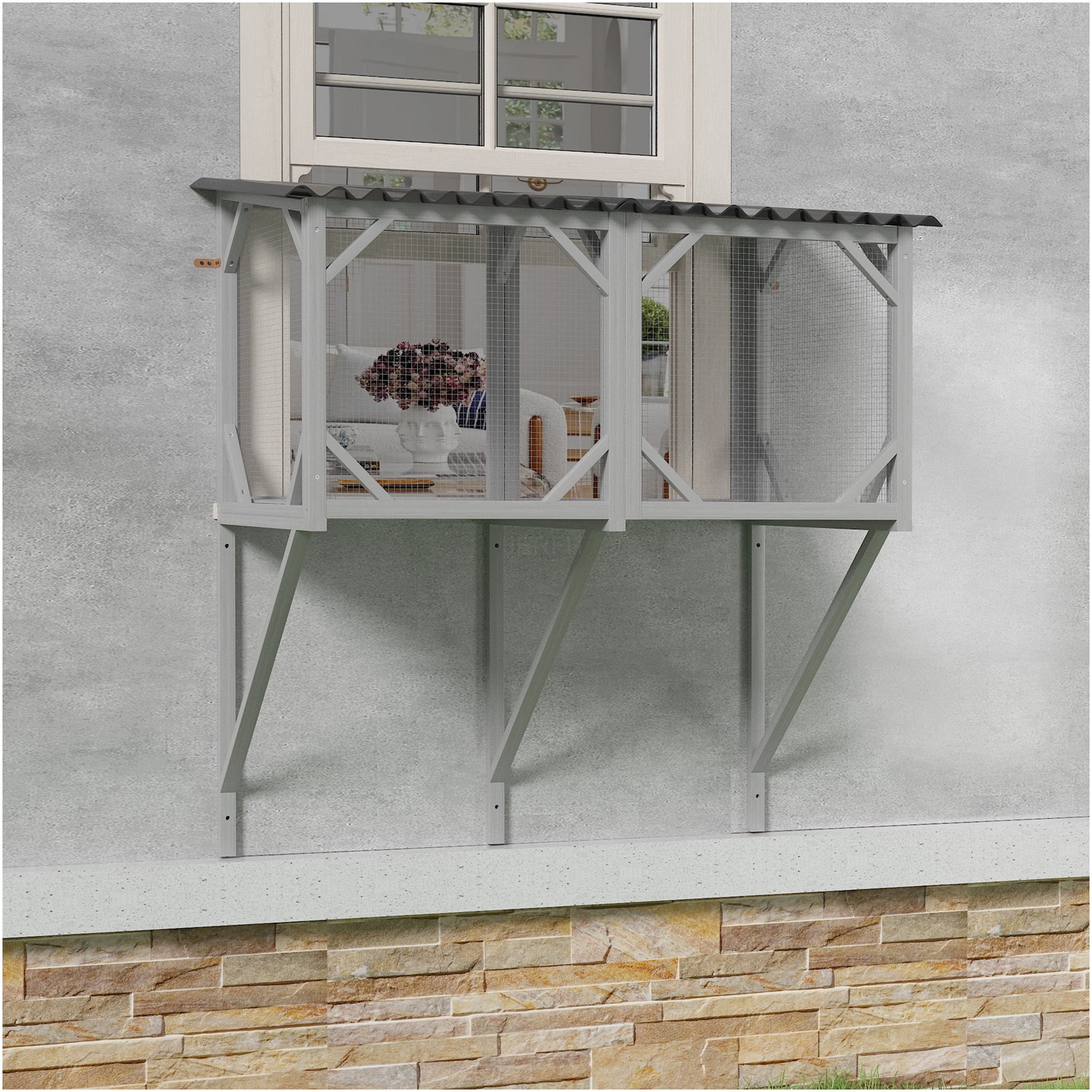 JERFIT Cat Window Enclosure for Large Cats, 3-Sided Mesh Panoramic View Catio Perch with Wood Frame, Grey