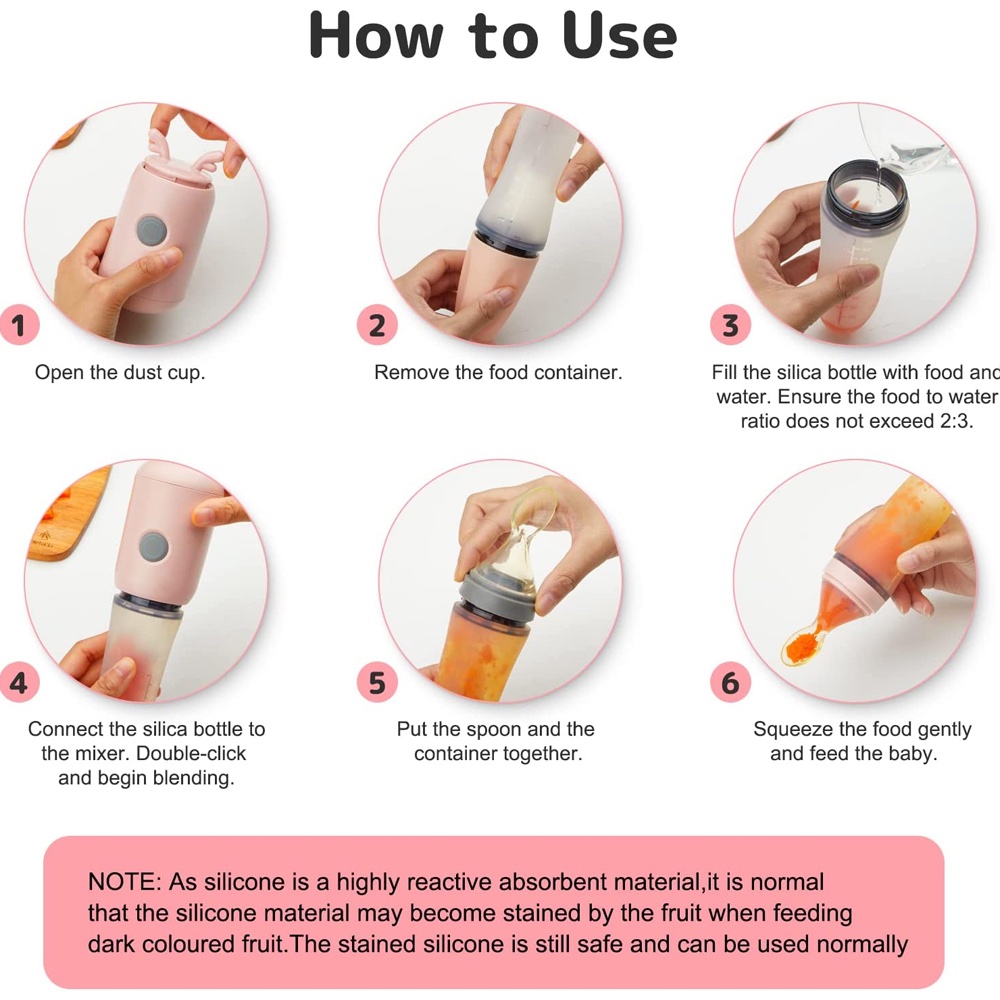 Socila Blender Baby Food Processor Mini Portable Blender With Silicone Feeding Bottle and Baby Spoons USB Quick Recharging