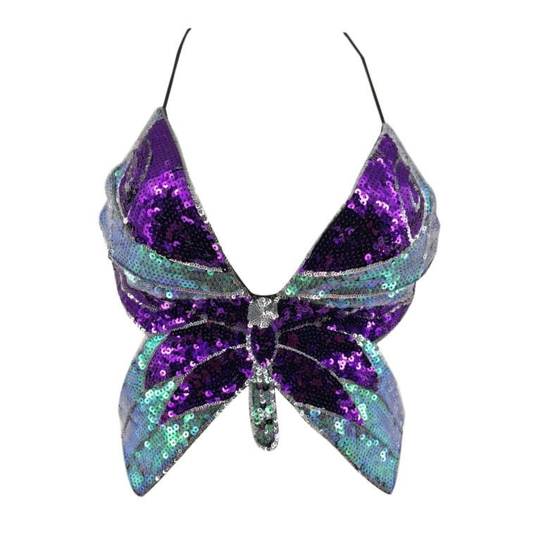 Binpure Women's Butterfly-shaped Sequin Halter Top, Deep V-neck
