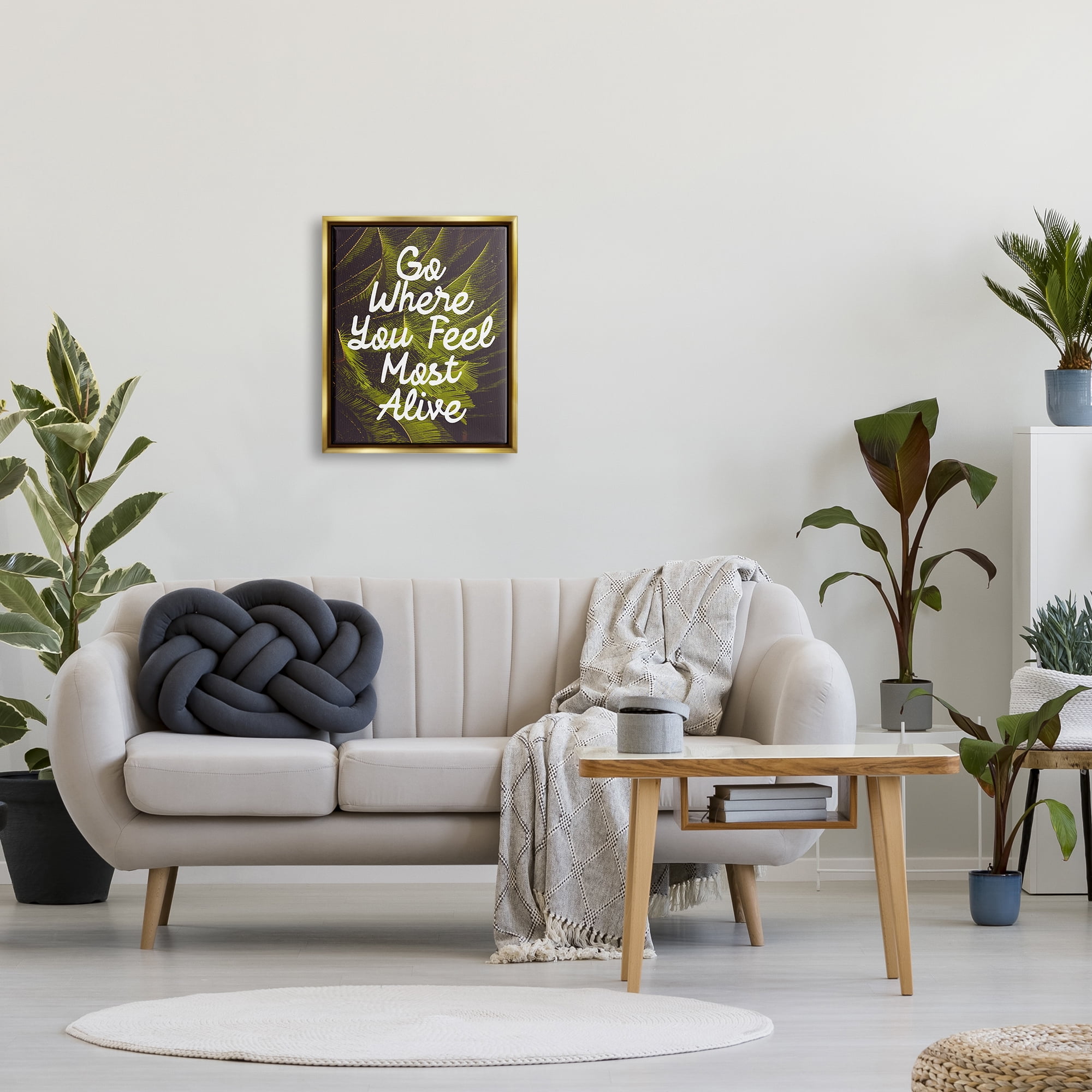 Stupell Industries Encouraging Life Calligraphy Quote Botanical Plant Leaf Graphic Art Metallic Gold Floating Framed Canvas Print Wall Art, Design by Daphne Polselli