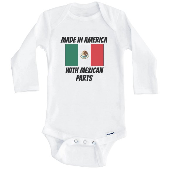 Made In America With Mexican Parts Mexico Flag Funny One Piece Baby Bodysuit (Long Sleeve), 6-9 Months White
