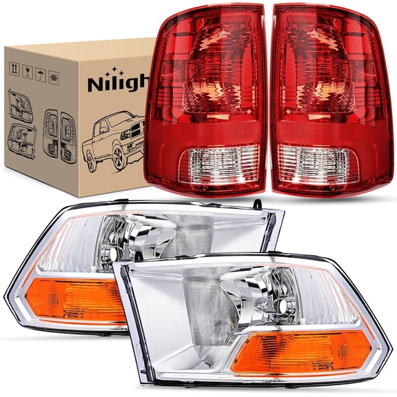 Nilight Headlight and Taillight Assembly Combo Compatible with 2009 2010 2011 2012 Dodge Ram 1500 2500 3500 OE Style Chrome Housing Amber Reflector with Red Housing Tail Lights