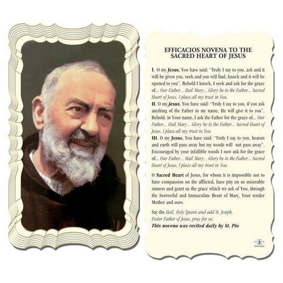 Padre Pio - Efficacios Novena to the Sacred Heart of Jesus Catholic Prayer Holy Card with Prayer on Back, Pack of 50