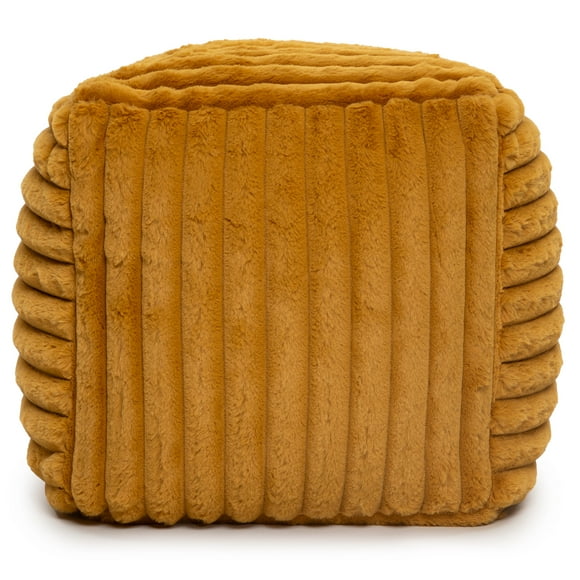 Gouchee Home Raya Cube Pouf Ottoman or Footrest, Mustard, 16" x 16" x 16", Faux Fur Cover, Polystyrene Bead Filling