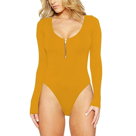 

TAIAOJING Women s Overalls Casual Solid Color Long Sleeve Open Crotch Bodysuit Zipper Bottom Jumpsuit Bodysuits