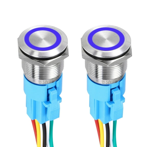 2Pcs 19mm Push Button Switch, IP65 1NO1NC 12-24V 5A Momentary Latching Push Button Starter Light on Off Switch Self-locking with Blue Light Round, Stainless Steel Flat Head Silver