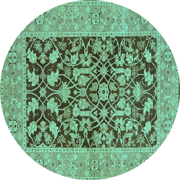 Ahgly Company Machine Washable Indoor Round Oriental Turquoise Blue Traditional Area Rugs, 5' Round