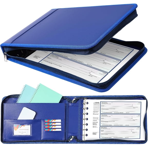 7 Ring Fireproof Business Checkbook Binder Portfolio for 3--a-Page Business Checks, 600 Sheets Capacity Checkbook Binder for 9" x 13" Sheets with Zipper, -in Organizer(Dark Blue)