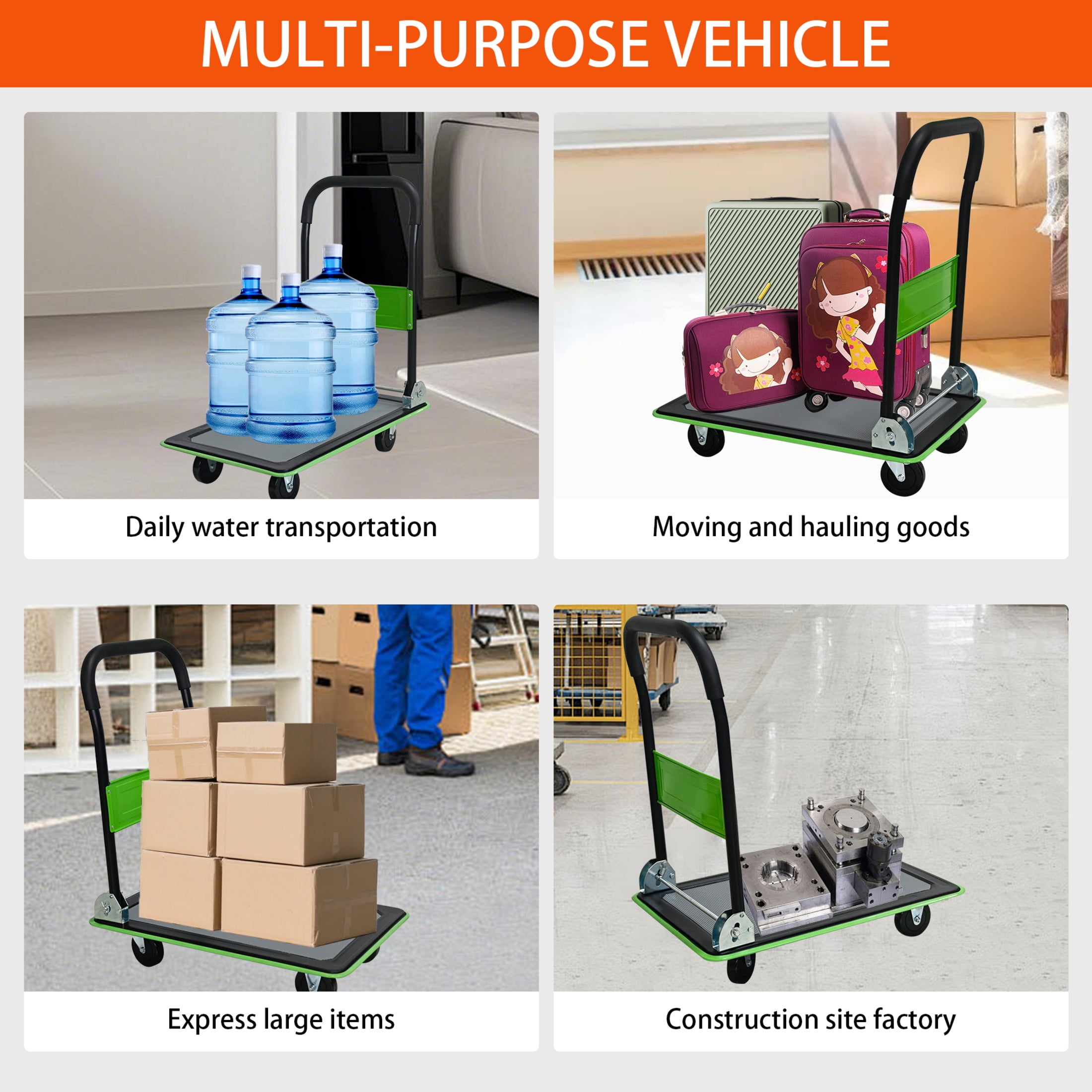Noble House 28" Flatbed Cart, Heavy Duty Platform Hand Truck with Foldable Push Handle for Loading and Storage, Green