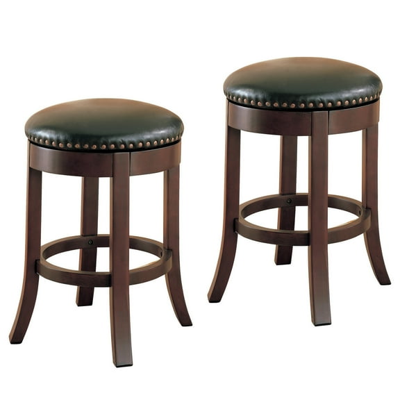 Benjara Round Wooden Counter Height Stool with Upholstered Seat, Brown, Set of 2