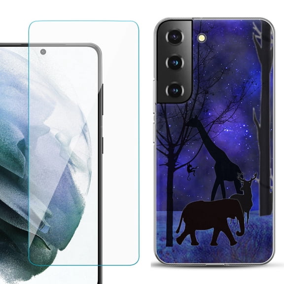 Slim-Fit TPU Fashion Phone Case for Samsung Galaxy S22 5G, with Tempered Glass Screen Protector, by OneToughShield ® - Midnight Safari