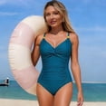 thumbnail image 2 of Women's Ruched Twist Front Swimsuit One Piece Push Up Slimming Bathing Suits Tummy Control Solid Beach Swimwear Turquoise XL, 2 of 4