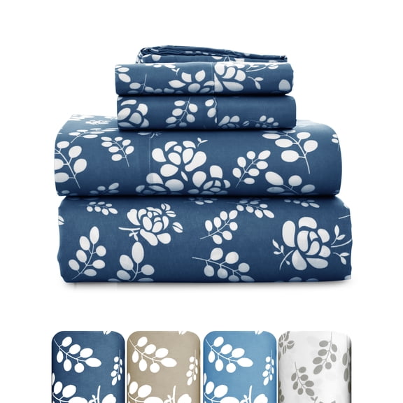 Lux Decor Queen Microfiber Bed Sheets - 4 Piece Floral Sheet Set, Soft Breathable Bedding, Wrinlkle Resistant, OEKO-TEX Certified, Navy Blue
