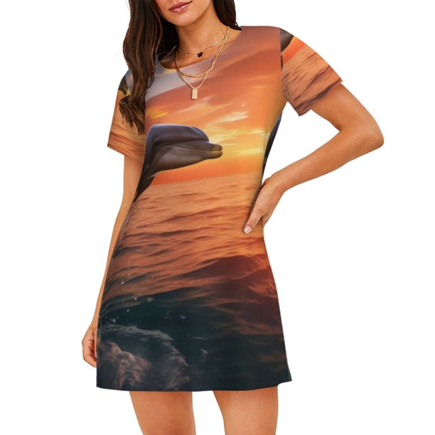 Fotbe Sunset Dancing Dolphin B Bata de Dormir para Mujer con Estampado, Camisón de Algodón de Manga Corta, Ropa de Dormir Casual