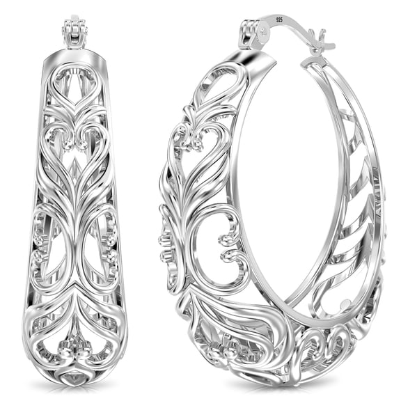 LeCalla Elegant Hypoallergenic 925 Sterling Silver Round Filigree Hoop Earrings for Women, 27MM