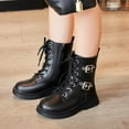 thumbnail image 2 of UngA Girls Tall Boots Kid's Girls Leather Lace-Up Zipper Mid Calf Combat Riding Winter Boots Black,1.5, 2 of 7