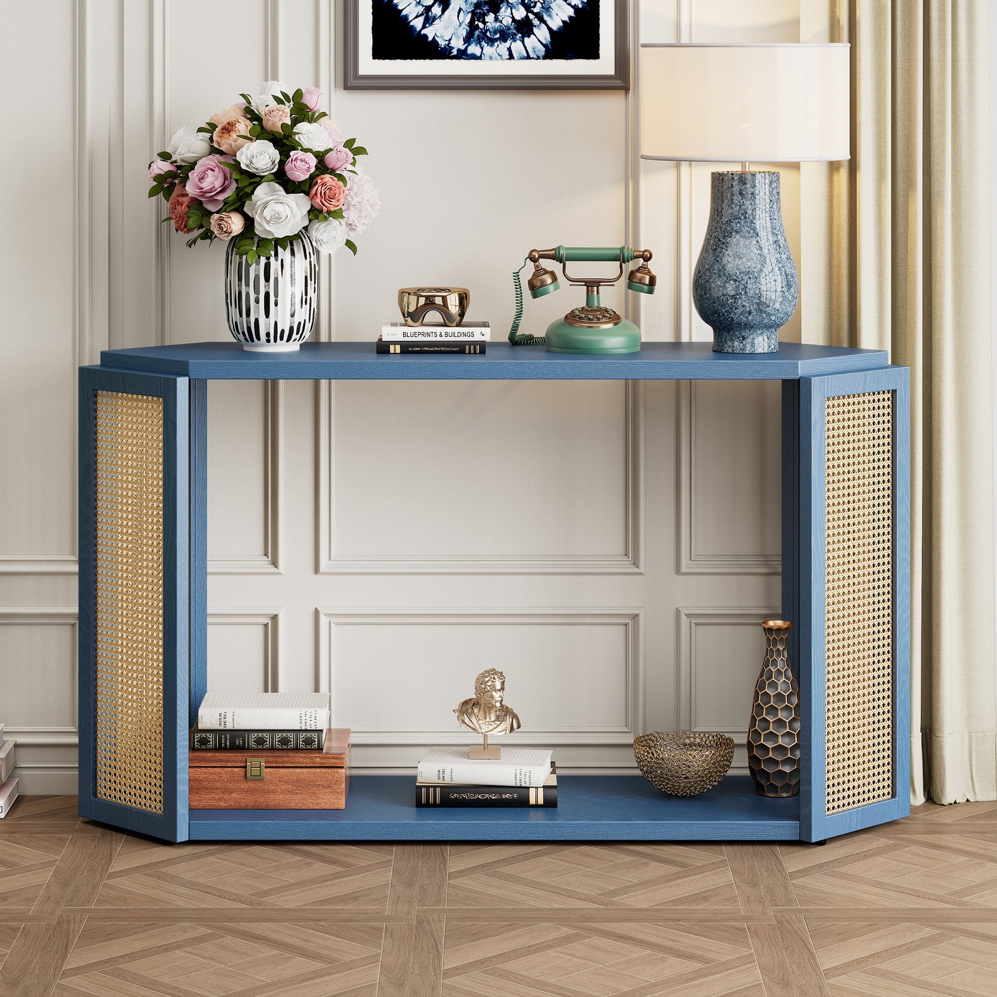 53.5'' Narrow Entryway Console Table with Unique Irregular Top Design, Entryway Table with Open Shelf, Rattan Sofa Entryway Console Table for Living Room Hallway and Entrance (Antique Blue)