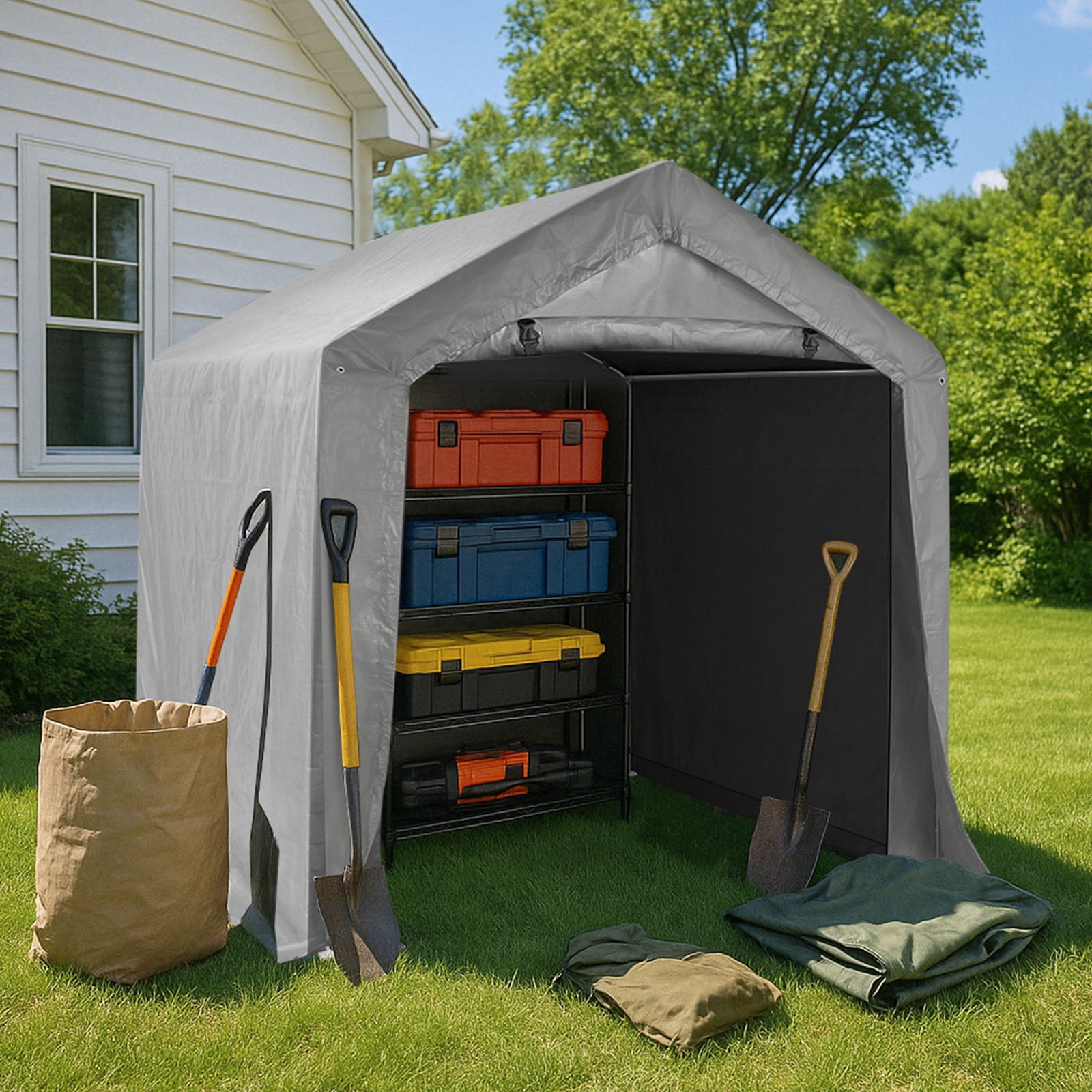 Ktaxon 6'x6' Metal Carport, Outdoor Heavy Duty Car Tent with Rolled up Zipper Door, Portable Garage Car Shelter Shade for Car, Motorcycles, Bikes and Outdoor Tools