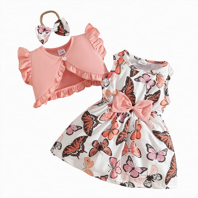 gdxvjhbj Robe pour Tout-Petites Filles Robe Bébé Fille Papillon Robe Tutu à Volants Sans Manches Robes Robe de Fête 6 9 Mois (Rose,6-9 Months)