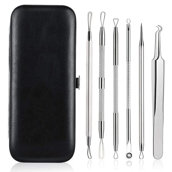 6-Piece Set for Blemish Extraction, Whitehead Popping, and Zit Removal - Professional Nose & Face Tools in Silver with Leather Case Blackhead & Acne Remover Kit