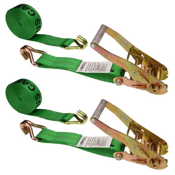 2" x 30' Green Ratchet Strap w/ Double J Hook - 2 Pack