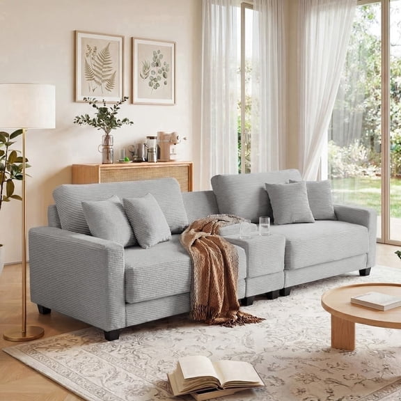 RIAFUN 111.8" Modular Sectional Sofa, 4-Seat Oversized Corduroy Couch with Storage Box, USB/Type-C Port & 2 Cup Holders for Living Room, Gray