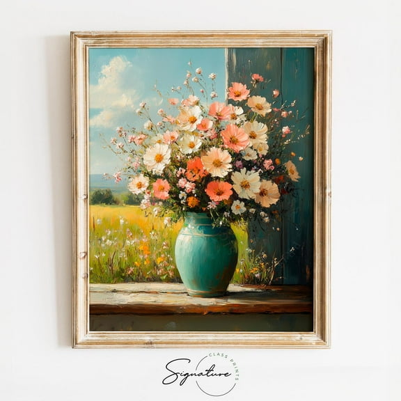 Turquoise Vase With Spring Florals, Romantic Cottagecore Still Life Art, Pastel Floral Wall Decor, Able 2999 Home Decor, 8x12 UNFRAMED