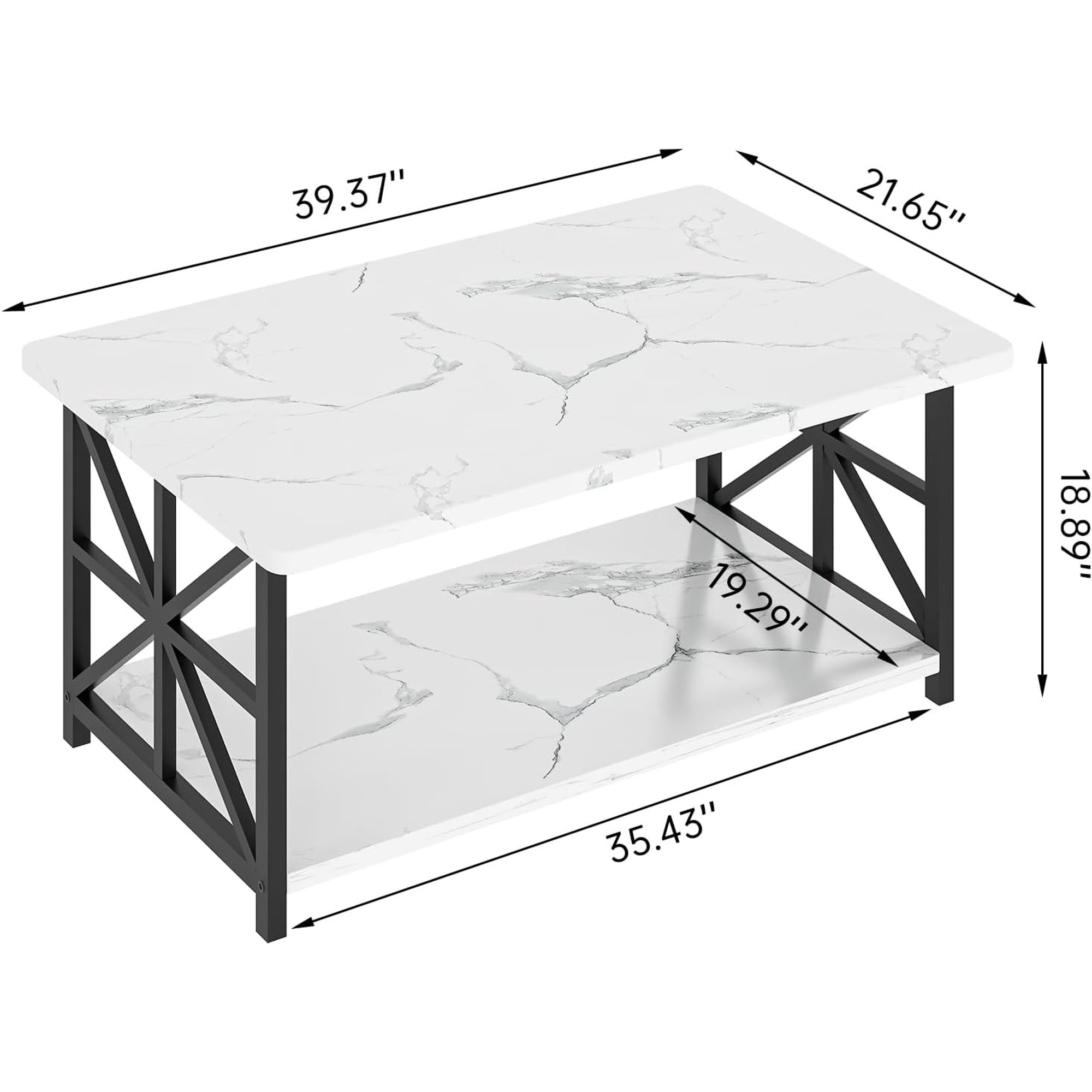 Lamerge Coffee Table with Round Corners, 2 Tier Coffee Table with Storage Shelf, Rectangular Center Table for Living Room Modern Style, Marble Tea Table 39.37 × 21.65 Inches, Easy to Assemble, White