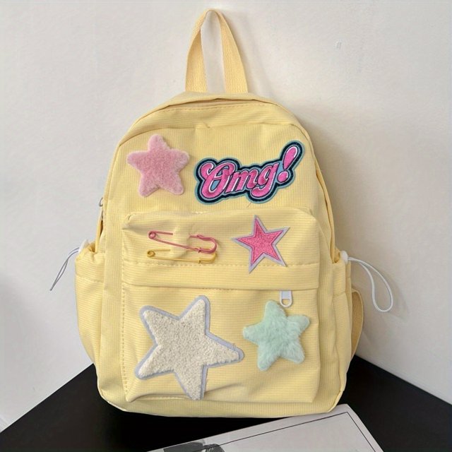 Cute Plush Star Decor Large Capacity Preppy Backpack, Canvas Durable Lightweight Laptop Daypack, Fashion Travel Commuter Bag