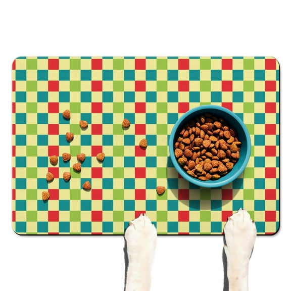 Dog Food Mat with Abstract Plaid Design, Absorbent Waterproof Pet Feeding Mat, Non-Slip, Quick Dry, Easy Clean Mat Featuring Colorful Checkered and Moroccan Geometric Patterns