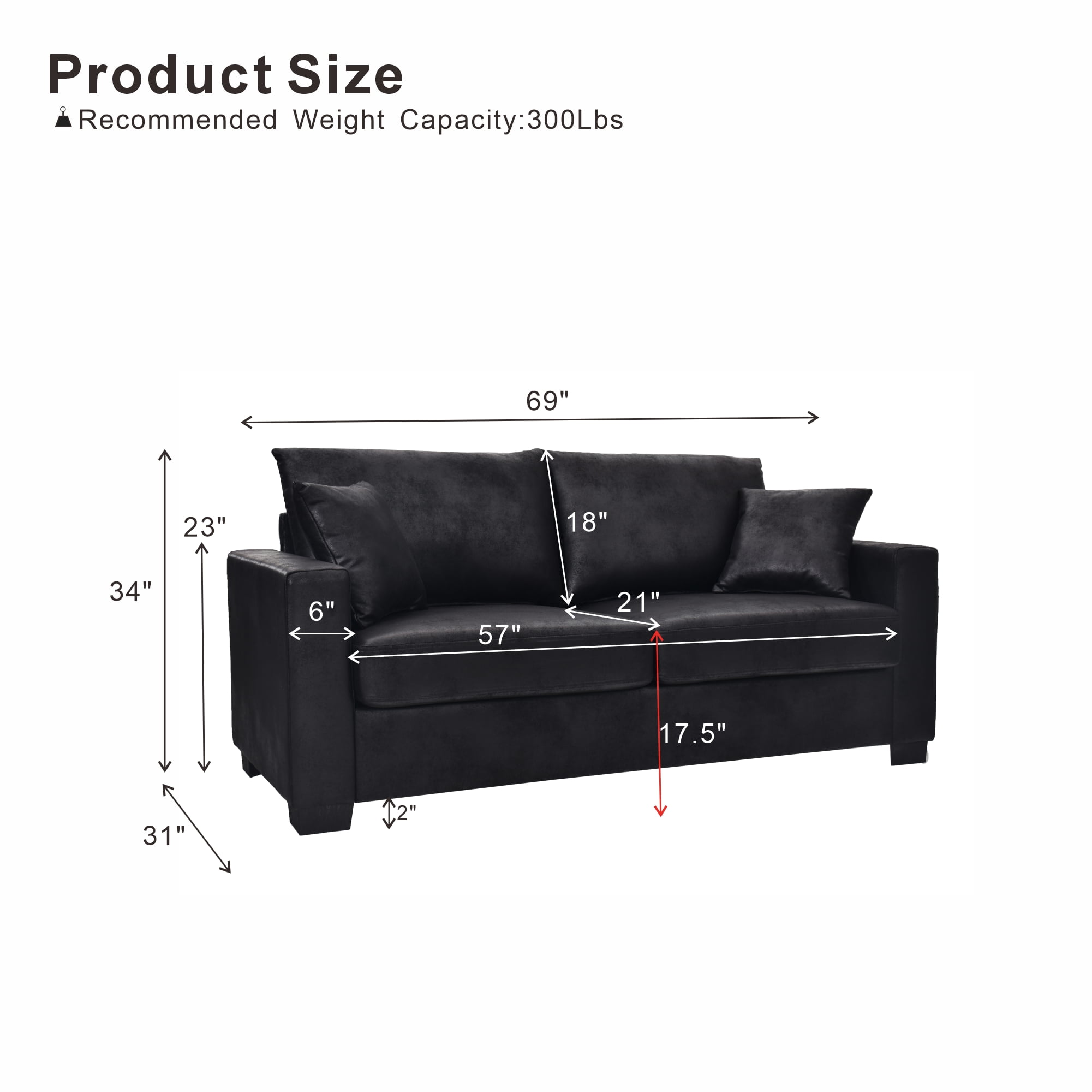 Two-Seater Sofa 69-Inch with Foil Fabric and 2 Throw Pillows Included, Modern Loveseat and Apartment Couch for Living Room Bedroom, Black