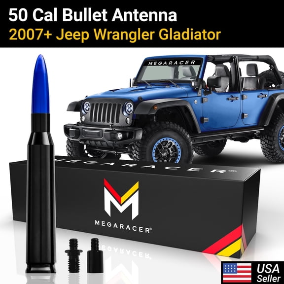 Mega Racer 2007-2024 Jeep Wrangler Gladiator 50 Cal Bullet Antenna (BLUE BLACK) - 4xe JK JKU JL JLU JT Rubicon Sahara Willys Mojave Truck Car Antenna Replacement, 1 PACK
