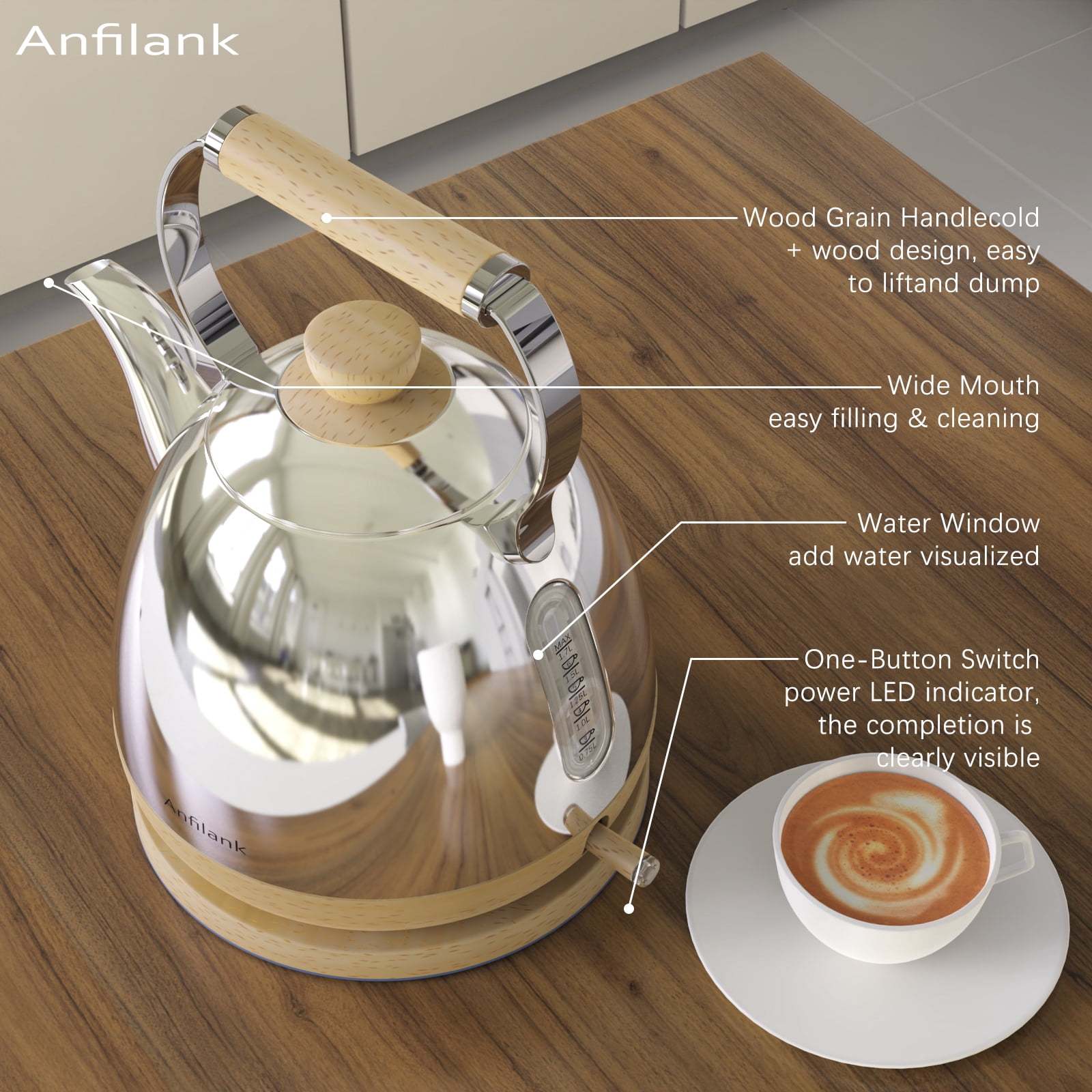 Anfilank Boil Water Electric Kettle, 1.7L 1500W, Coffee & Tea Kettle Stainless Steel, Wood Grain Design, Silver