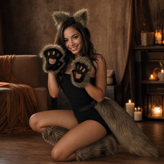 Therian Wolf Mask and Tail Set, Furry Costume with Knitted Paw Gloves for Cosplay and Halloween Party Dress Up Kit, Furry Animal Costume Kit