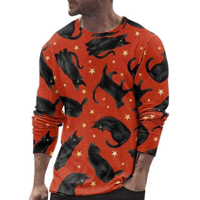 AMERTEER T-Shirt Homme Automne et Hiver Grande Taille Décontracté Rétro Vieux Festival d'Halloween Imprimé Complet Col Rond Manches Longues