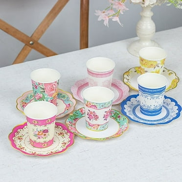 BalsaCircle 24 Assorted Disposable Paper Drinking Cups Saucers Floral Design Party Events Decorations Supplies