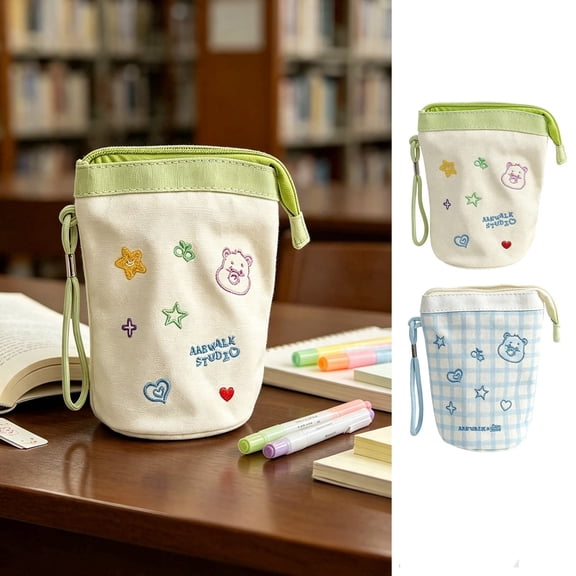 Large Capacity Folding Pencil Case, Cylinder Stand-Up Pen Pouch with Flip Top, Canvas Stationery Organizer Bag for Office Travel and Daily Use