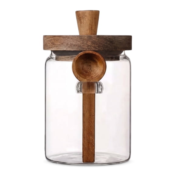 Aemutady Glass Coffee Canister with Wooden Lid & Spoon, 4.72 Inch Airtight Food Storage Jar for Coffee Grounds, Sugar, Tea, Cereal, Snacks