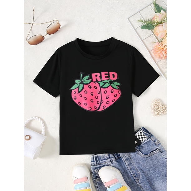 Camiseta de verano para niña con dibujo de fresa, cuello redondo, tejido de punto informal, 100 % poliéster, ligeramente elástico, corte regular - Rosa