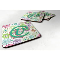 Letter V Flowers Pink Teal Green Initial Foam Coaster Set of 4